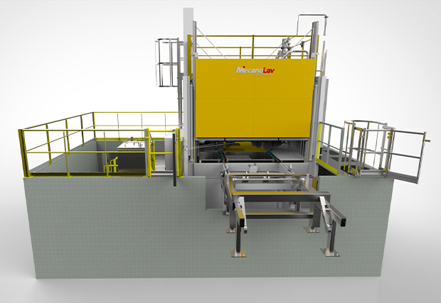 3D-Darstellung einer Reinigungsmaschine für Eisenbahnachsen, von vorne gesehen
