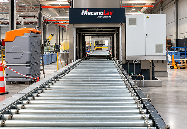 MecanoLav-Reinigungsmaschine in der Linie mit Rollenförderer zum Beladen von Automobilteilen