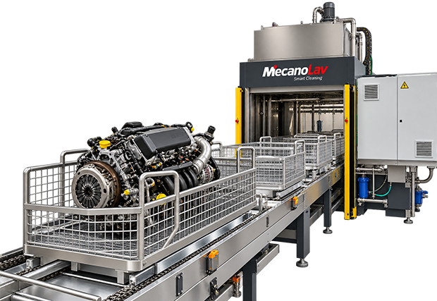 MecanoLav-Reinigungsmaschine mit Förderer und Korb mit einem zu reinigenden Automotor